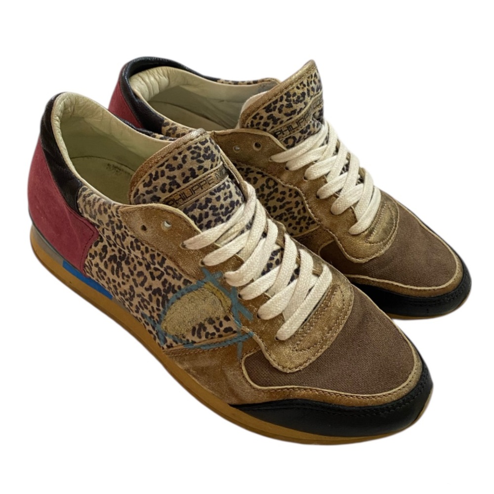Philippe Model Italy Leather Distressed Sneakers Leopard Print Size 8 Luxury